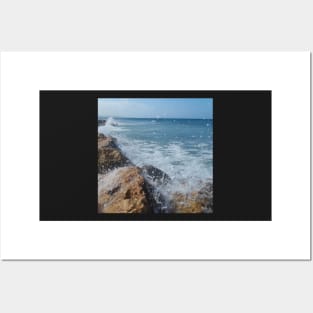 Rock beach, On the rocks, ocean waves surfing the rocks of a splashing dashing restless Caribbean Sea Posters and Art